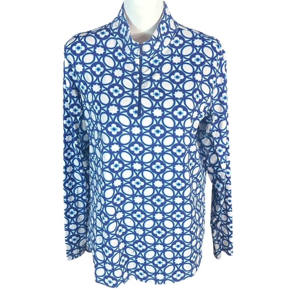 IBKUL Quarter Zip Pullover Women XL Blue White Geometric Floral Mock Neck